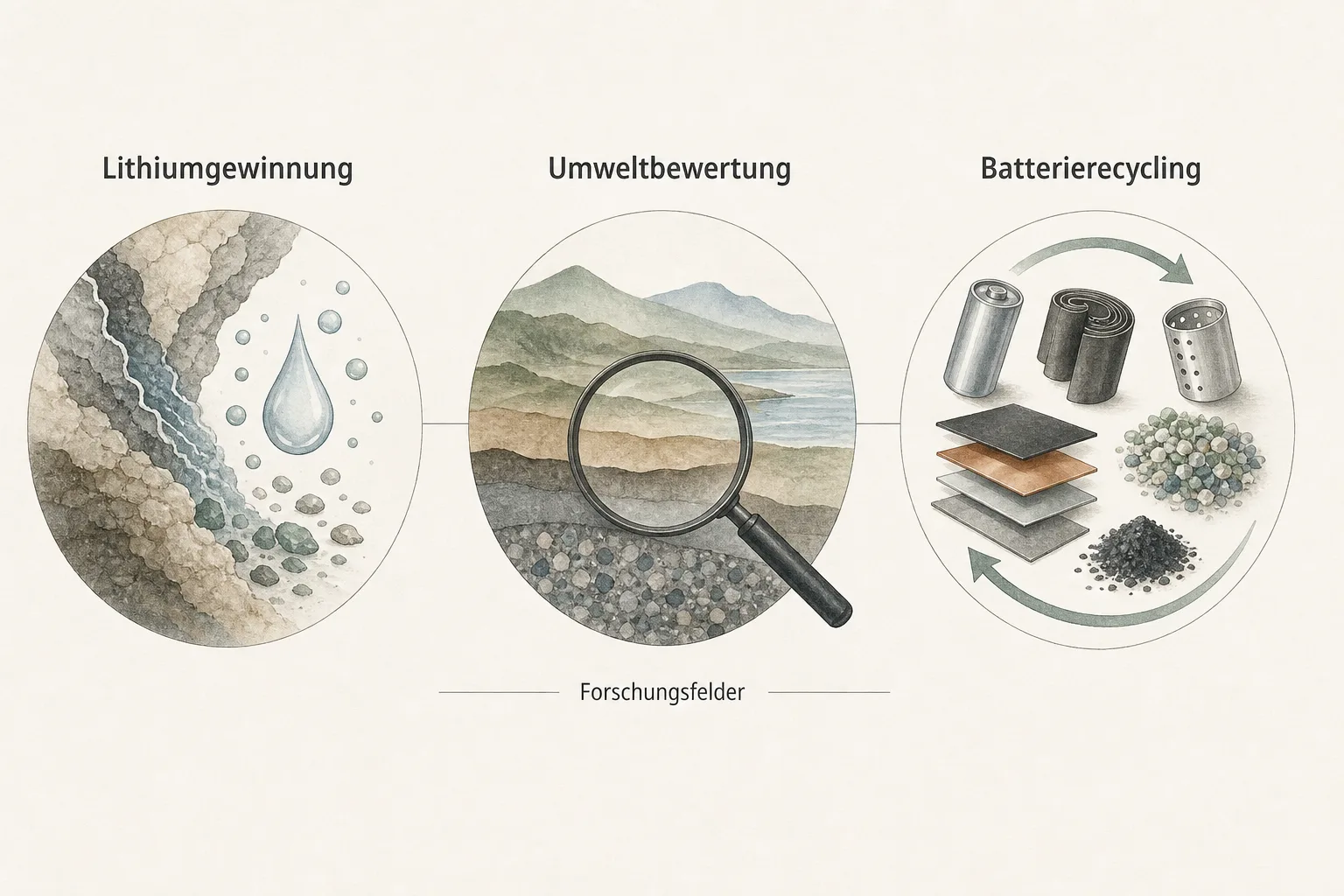 Redaktionelle Grafik mit den drei Forschungsfeldern Lithiumgewinnung, Umweltbewertung und Batterierecycling.