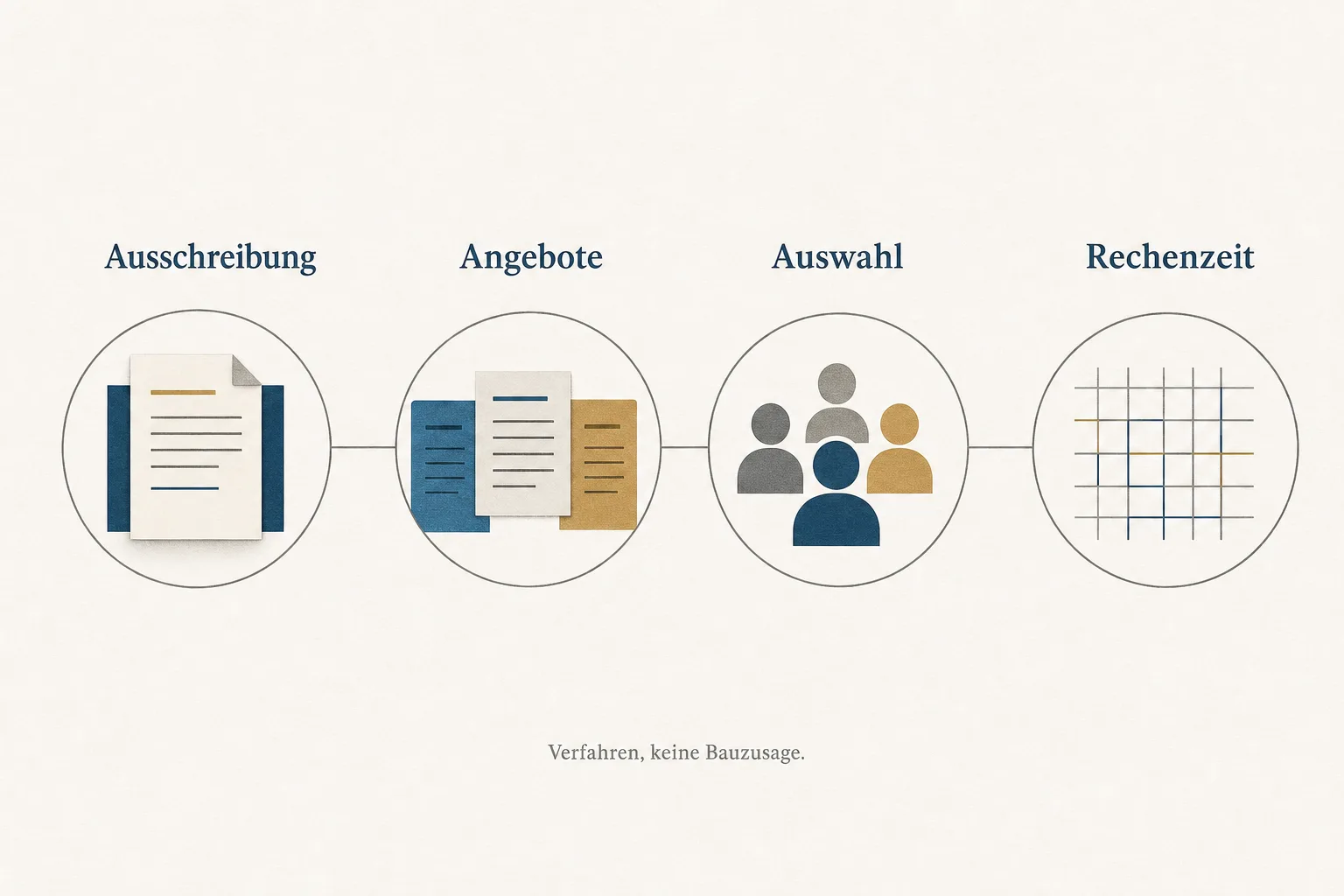 Redaktionelle Grafik mit den Stationen Ausschreibung, Angebote, Auswahl und Rechenzeit.