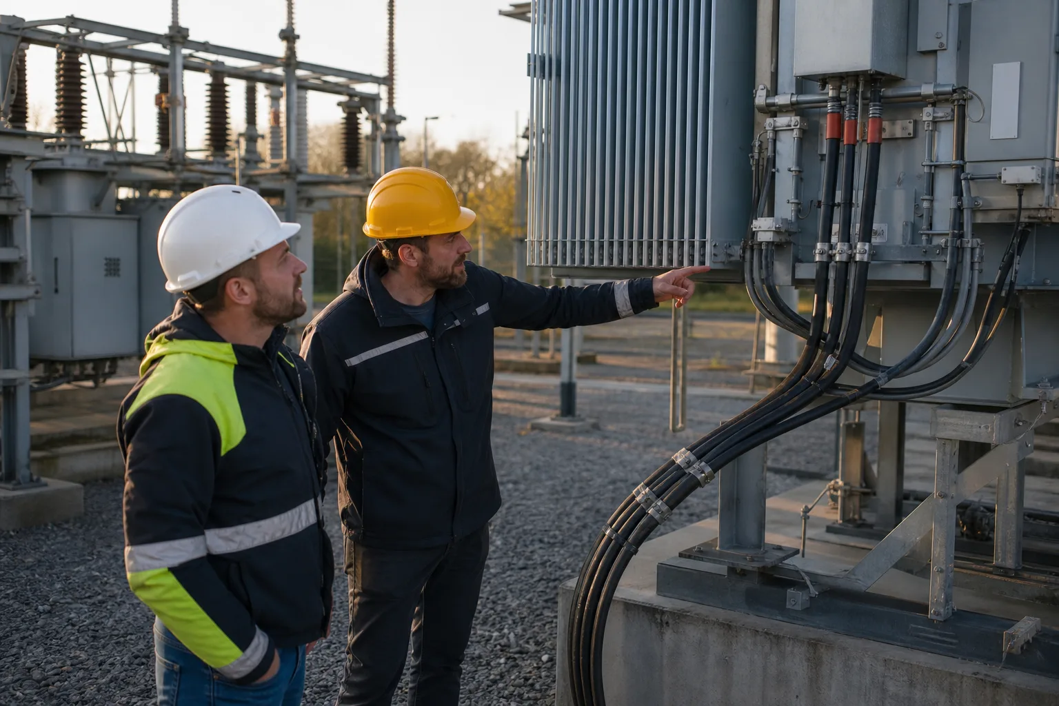 Zwei unmarkierte Netzfachkräfte prüfen an einem intakten Umspannwerk technische Komponenten.