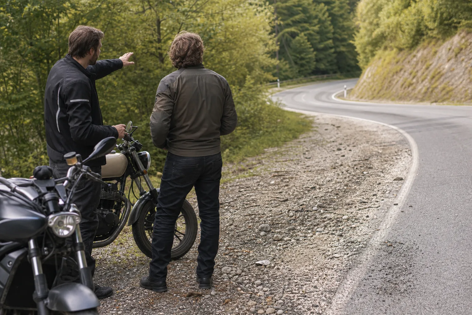 Zwei Motorradfahrer betrachten aus sicherem Abstand eine unmarkierte Kurve und den Straßenrand.