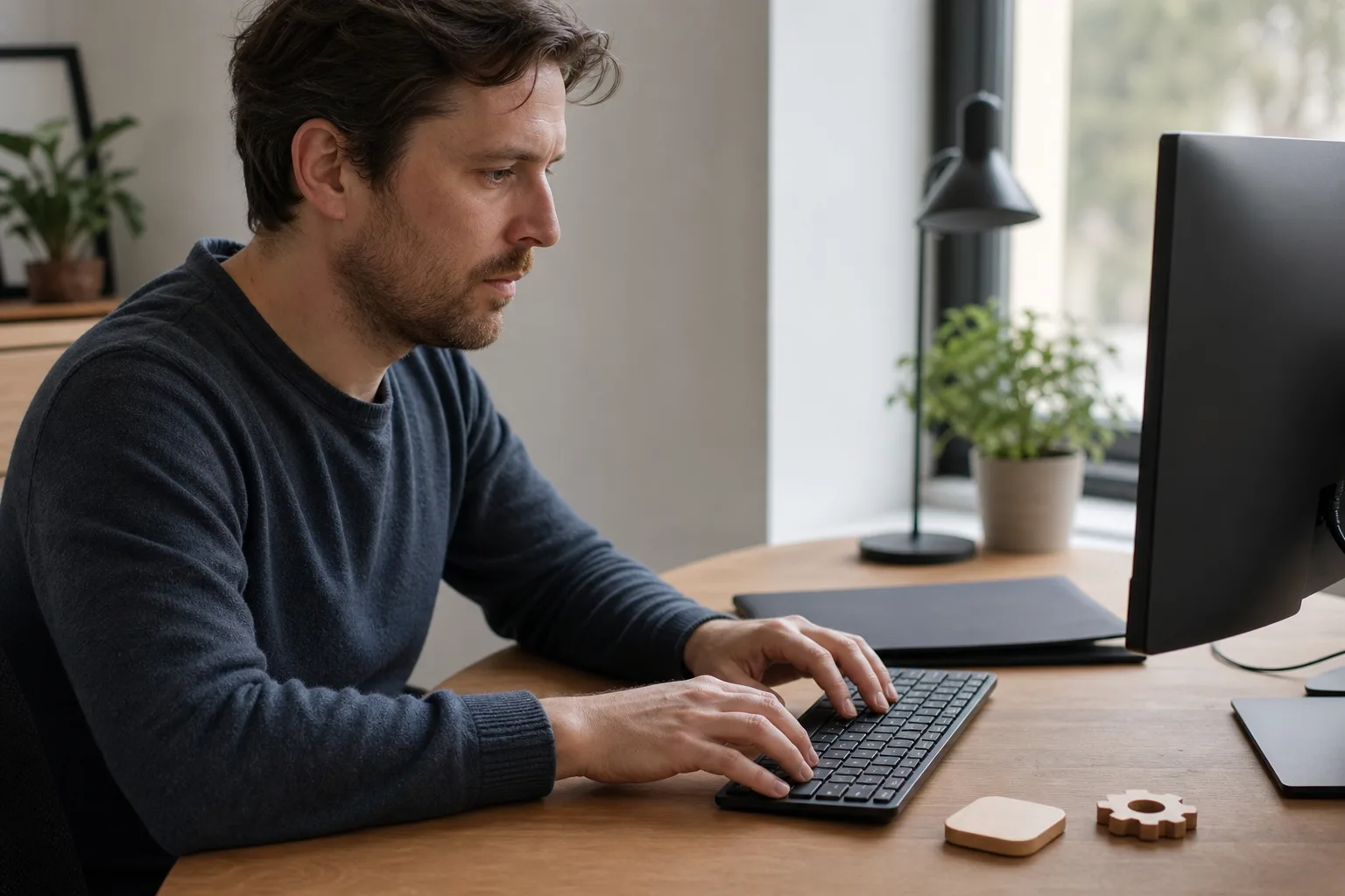 Hände an einer Tastatur neben drei neutralen Arbeitsobjekten für den lokalen Gegencheck; auf dem Bildschirm ist keine Oberfläche lesbar.