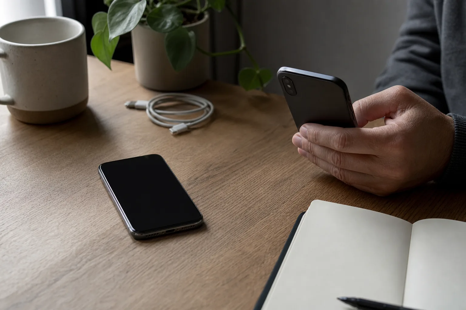 Zwei markenfreie Smartphones liegen geordnet auf einem Schreibtisch; eine Person prüft das neuere Gerät, während beide Displays unlesbar bleiben.