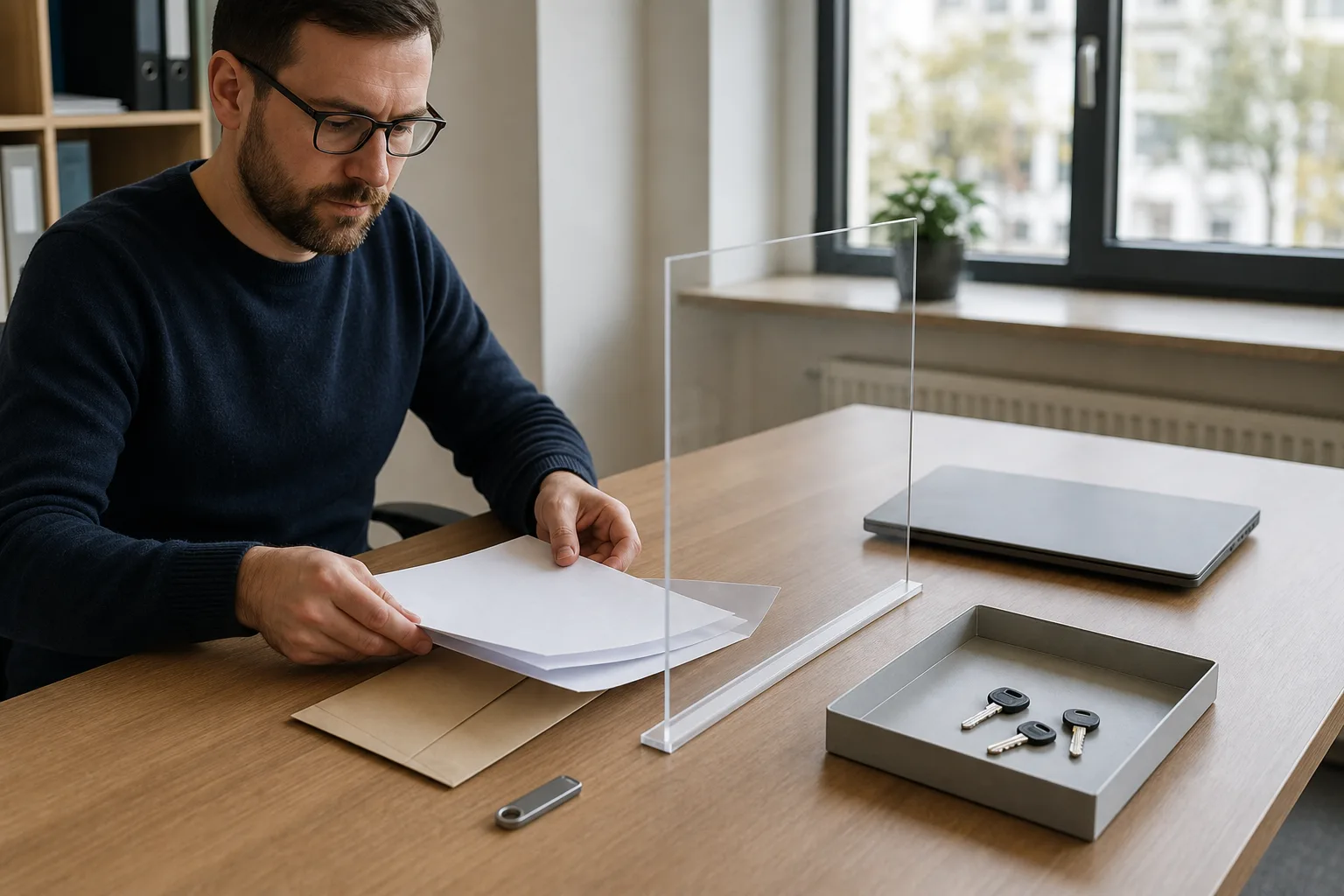 Eine Person trennt neutrale externe Unterlagen durch eine transparente Barriere von unbeschrifteten Arbeitsmitteln.