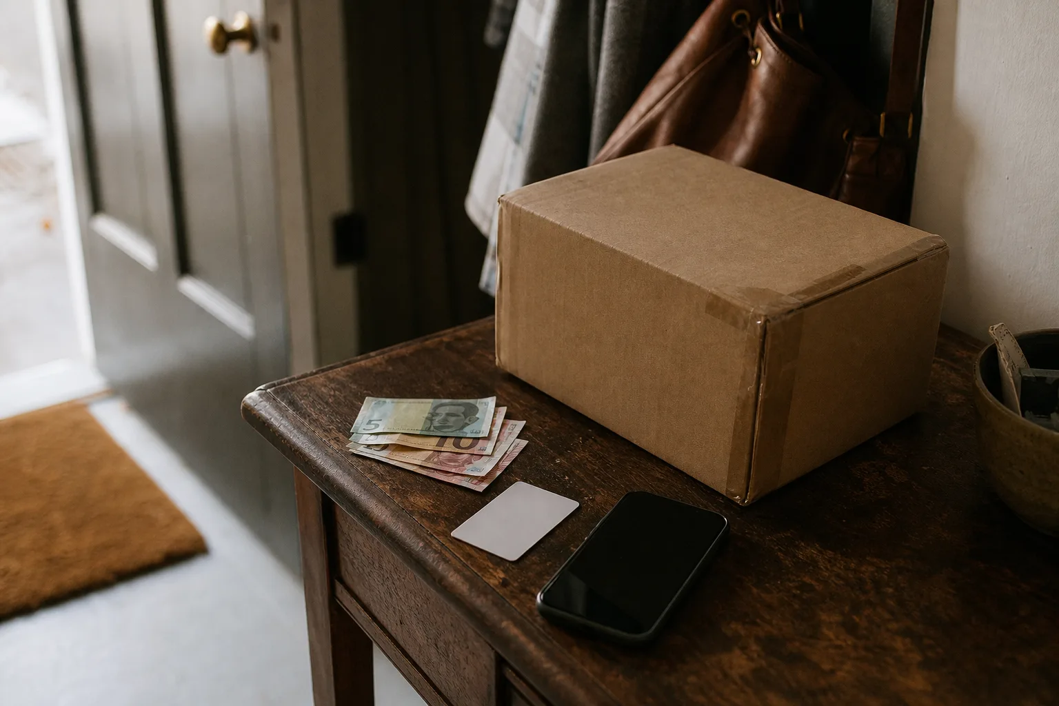 Auf einem Flurtisch liegen eine neutrale Bankkarte, wenige Geldscheine und ein Smartphone mit dunklem Display neben einem Paket ohne lesbares Etikett.