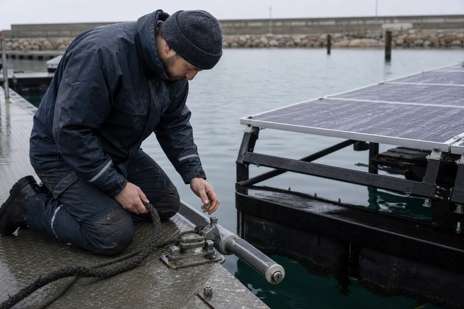 Eine Fachkraft prüft an einem geschützten Hafenarbeitsplatz eine unbeschriftete Verankerung und einen Metallverbinder an einem kleinen schwimmenden Solarrahmen.