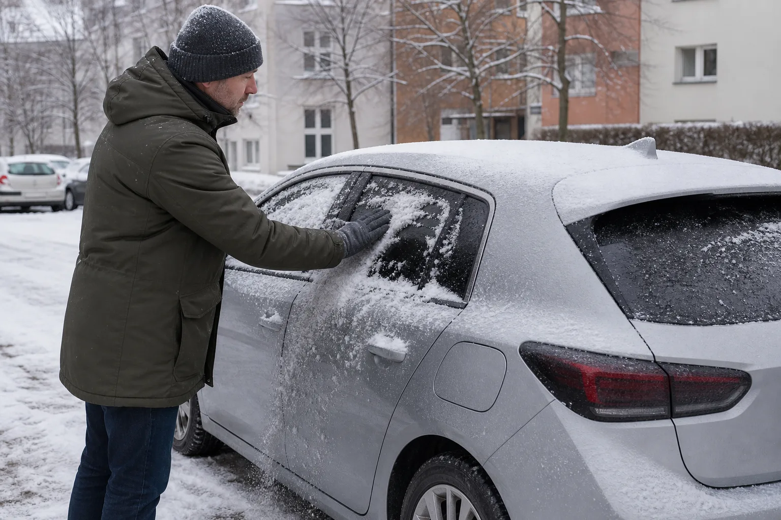 Eine Person entfernt nach leichtem Schneefall Schnee von der Seitenscheibe eines unmarkierten, ausgeschalteten Plug-in-Hybrids.
