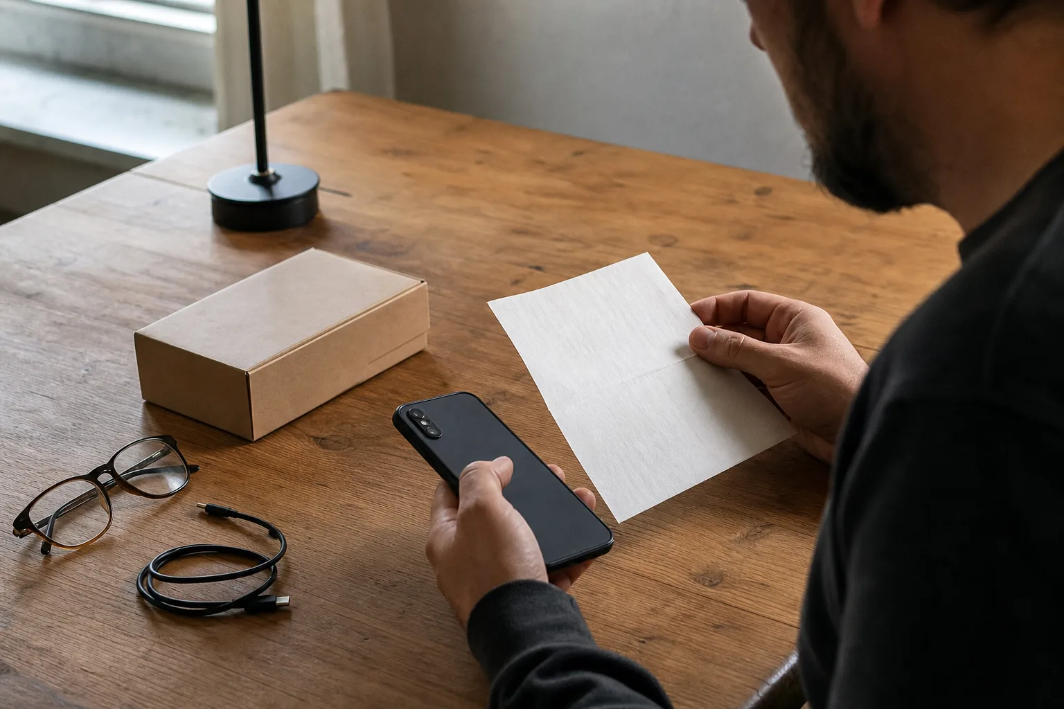 Eine Person vergleicht an einem Schreibtisch ein unmarkiertes Smartphone mit bewusst unlesbaren Kaufunterlagen.