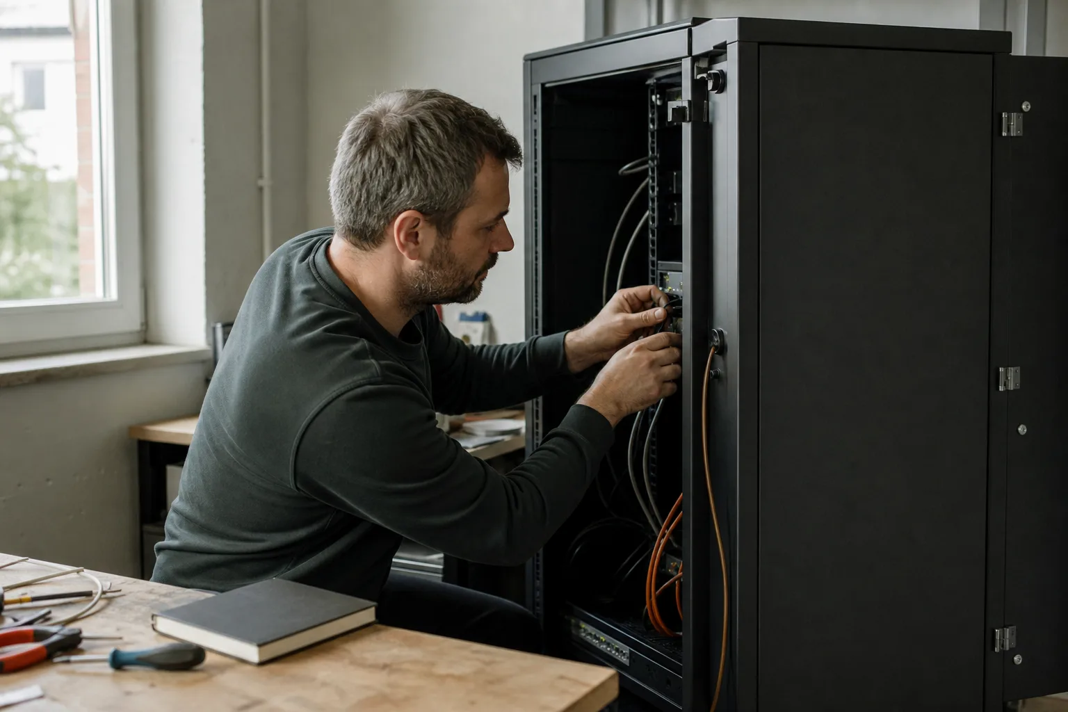 Eine technische Fachkraft prüft die Kabelverbindung an einem unmarkierten Serverschrank in einem ruhigen Arbeitsraum.