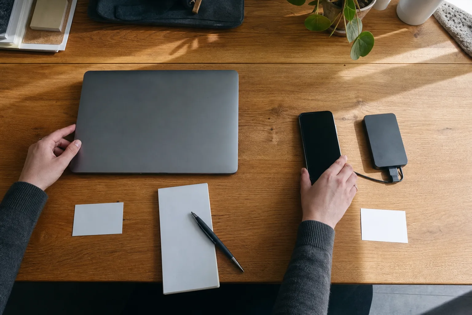 Getrennter Arbeitsplatz mit neutralem Laptop, Testgerät, Backup-Laufwerk und zwei leeren Aufgaben-Karten.