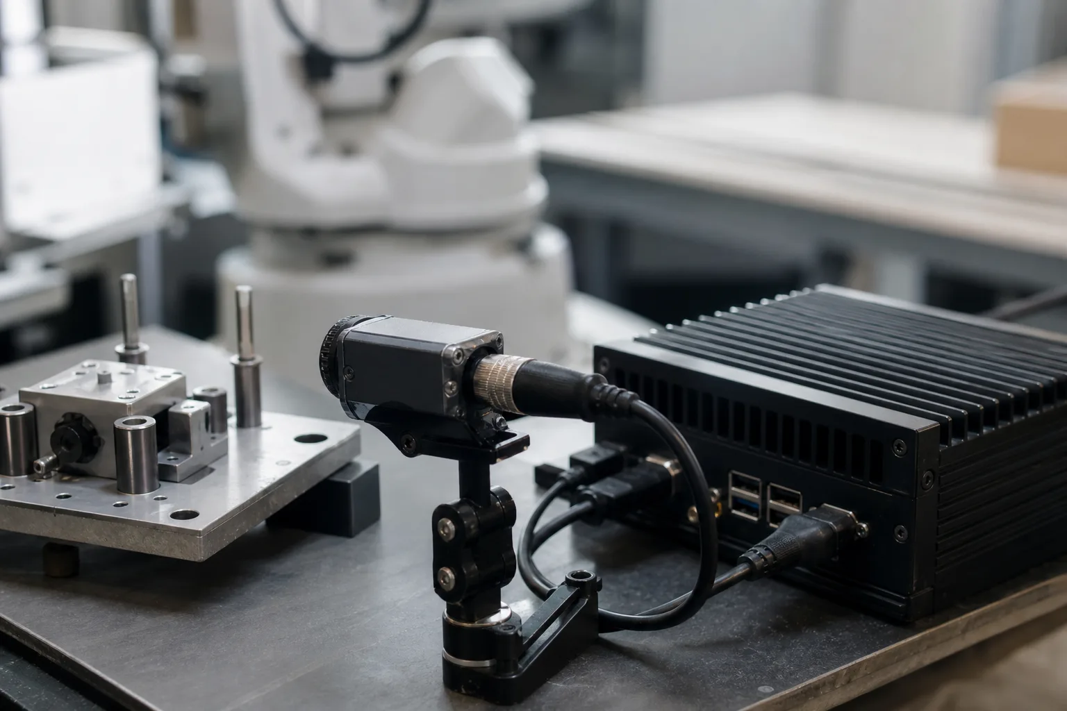 Kamera, kompaktes neutrales Edge-Rechengehäuse und Roboterarm stehen nah beieinander in einer industriellen Testumgebung.