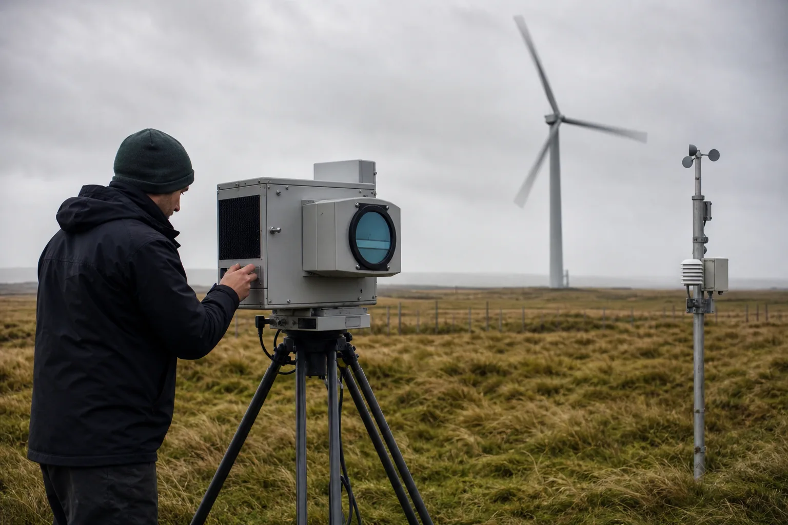 Messgerät auf einem Stativ und Wetterstation vor einer Windturbine als Illustration für den WICLEAN-Messaufbau.
