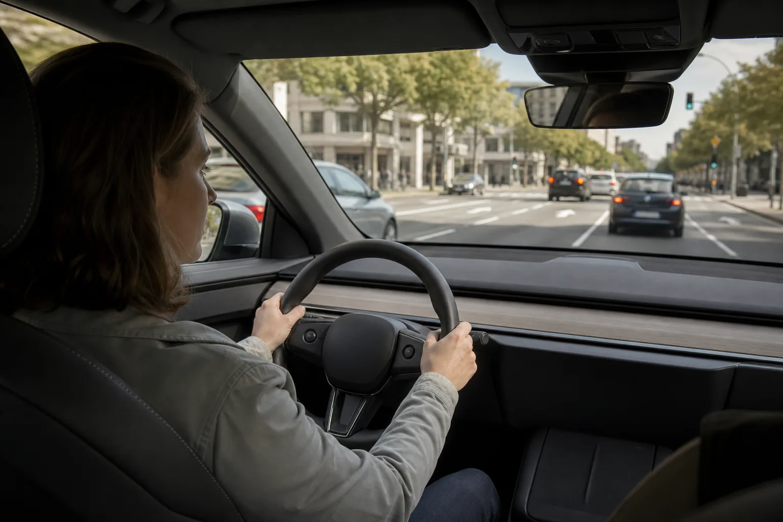 Fahrerin steuert ein unmarkiertes Elektroauto auf einer europäischen Stadtstraße