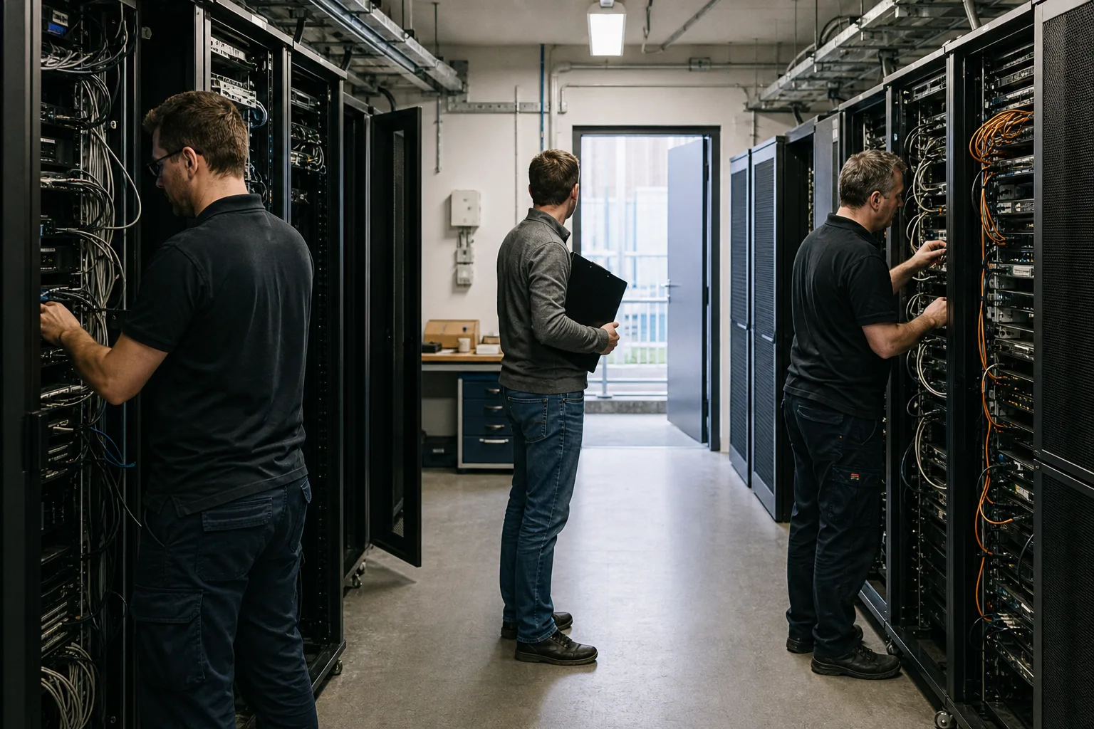 Repräsentative Szene mit getrennten Serverbereichen und IT-Fachleuten in einem lokalen Technikraum.