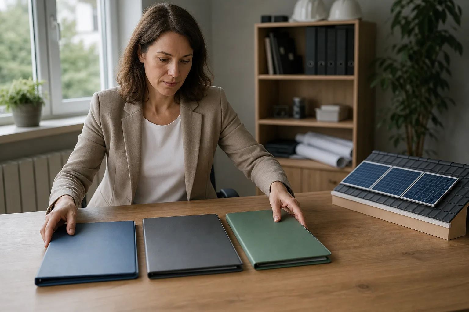 Eine Projektleiterin ordnet drei unbeschriftete Mappen neben einem neutralen Modell einer Dach-Solaranlage