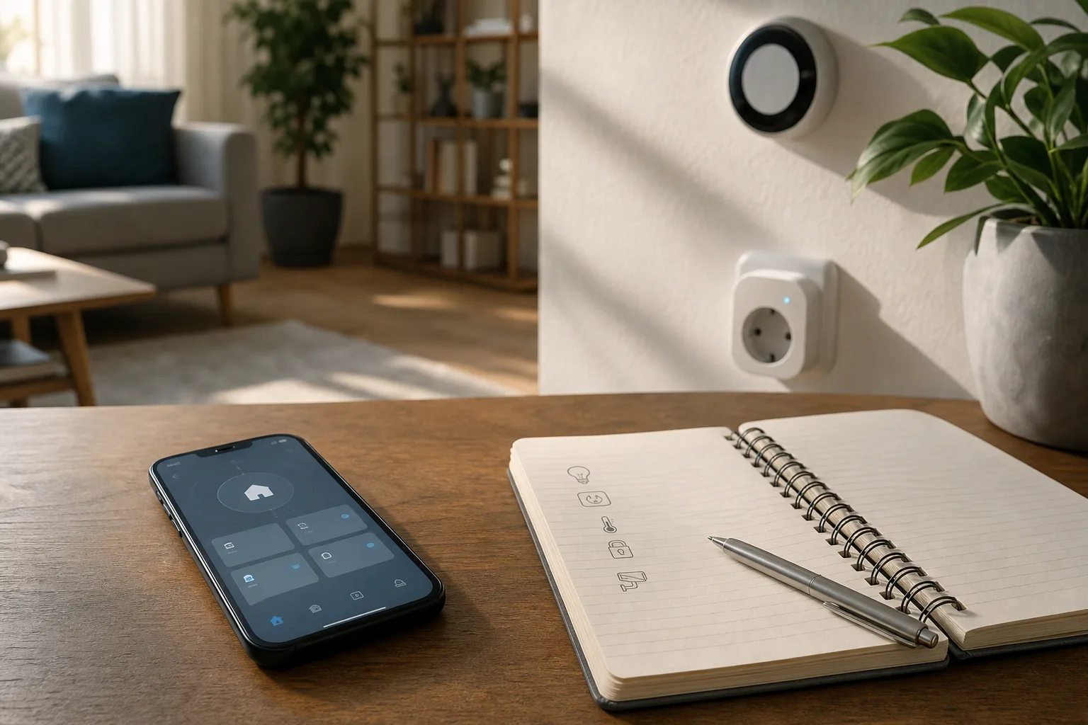 Smartphone mit Smart-Home-App und Notizbuch zur Geräteübersicht auf einem Wohnzimmertisch
