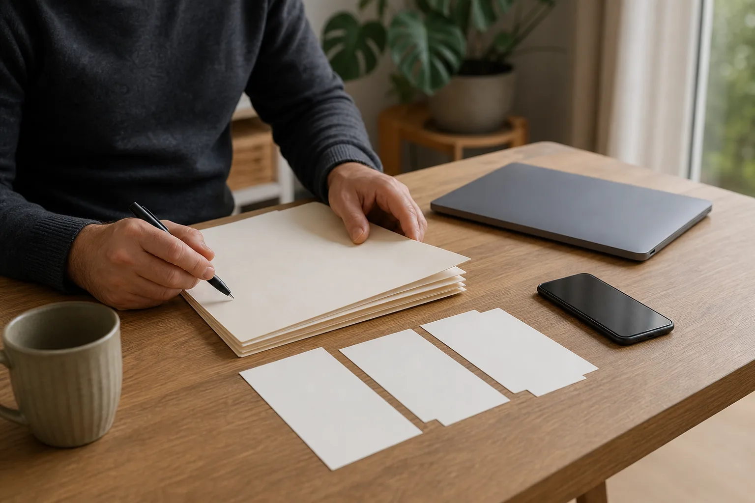 Eine Person ordnet an einem Schreibtisch neutrale Unterlagen und legt ein Smartphone neben einen zugeklappten Laptop.