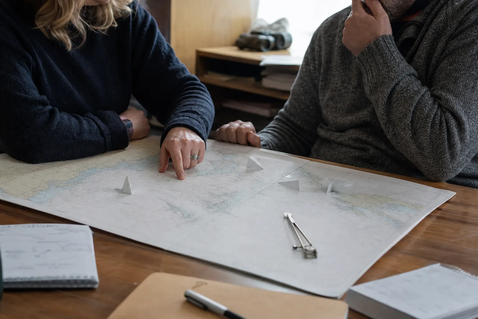 Zwei Fachleute besprechen an einem Tisch eine unbeschriftete Seekarte mit Kompass und Papiermarkern.