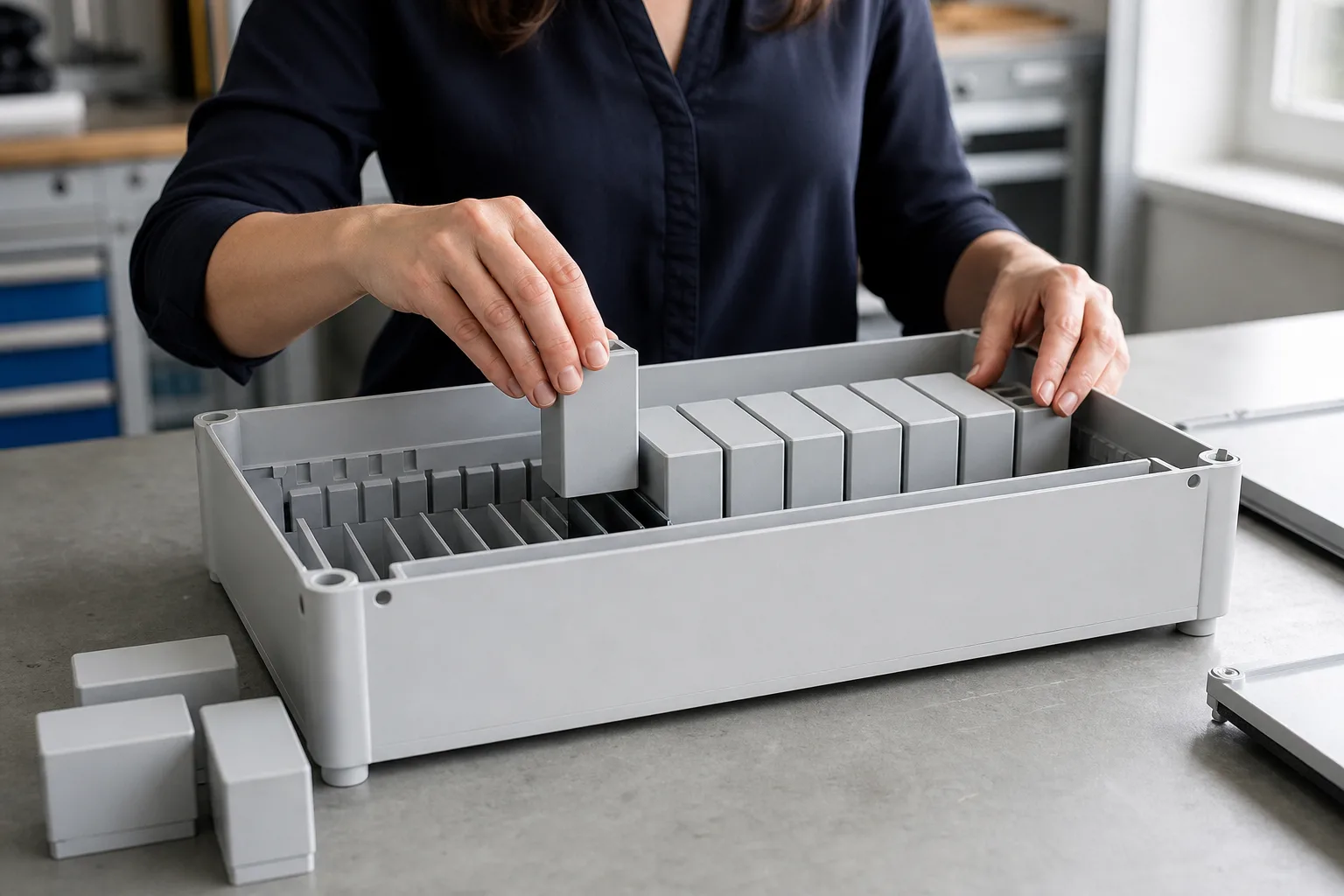 Eine Ingenieurin setzt wenige unbeschriftete Steckmodule in ein größeres offenes Gehäuse ein