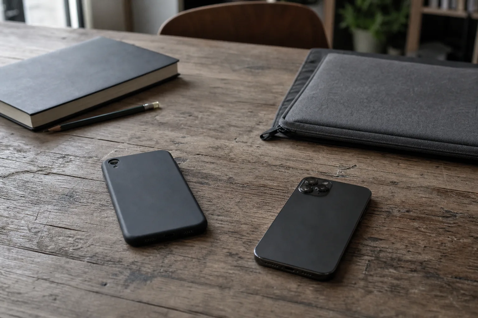 Zwei neutrale Smartphones liegen mit abgewandten Displays auf einem Tisch neben einer Laptoptasche.