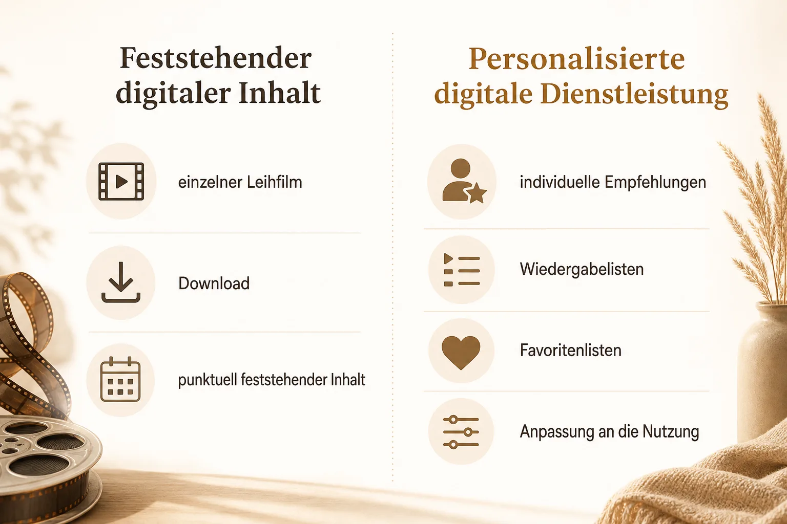 Zweispaltige Entscheidungshilfe zu feststehendem digitalem Inhalt und personalisierter digitaler Dienstleistung