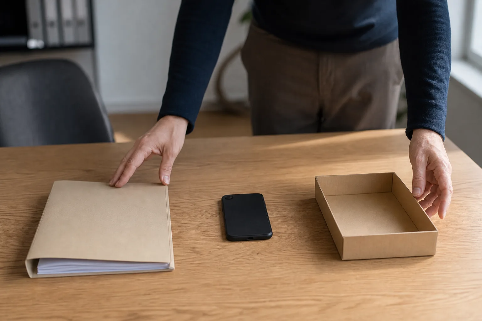 Eine Fachperson ordnet eine unbeschriftete Mappe, ein ausgeschaltetes Smartphone und eine leere Schale mit Abstand auf einem Holztisch an