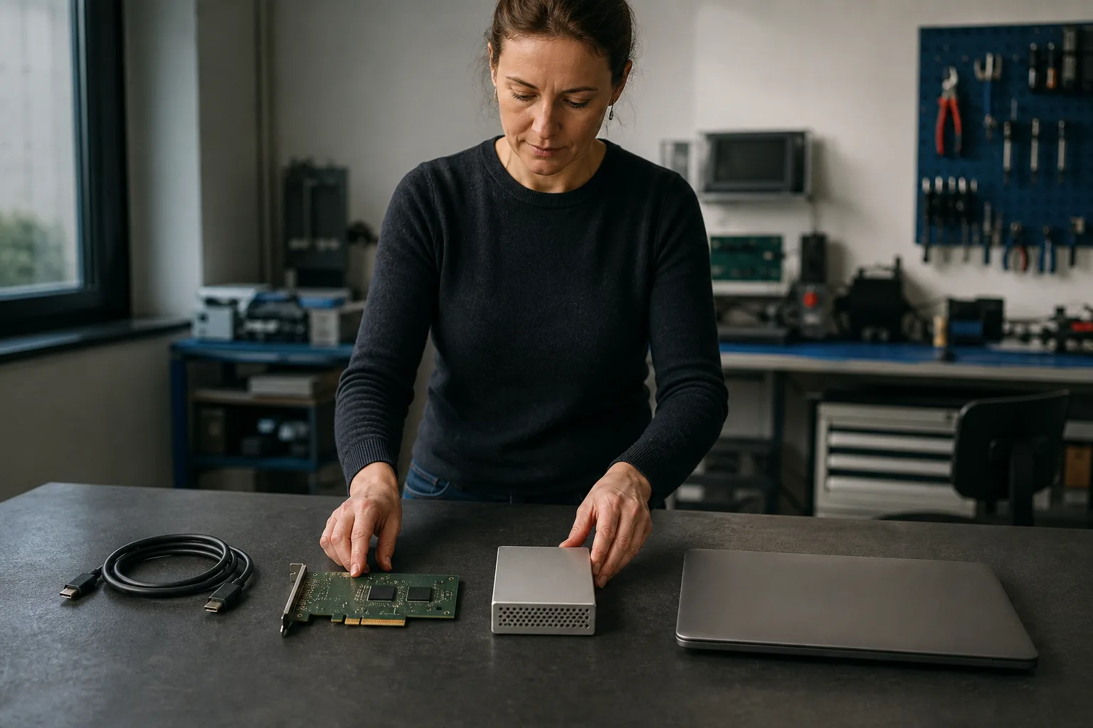 Eine Ingenieurin ordnet auf einer Werkbank vier unbeschriftete technische Gegenstände mit Abstand in einer Reihe an.