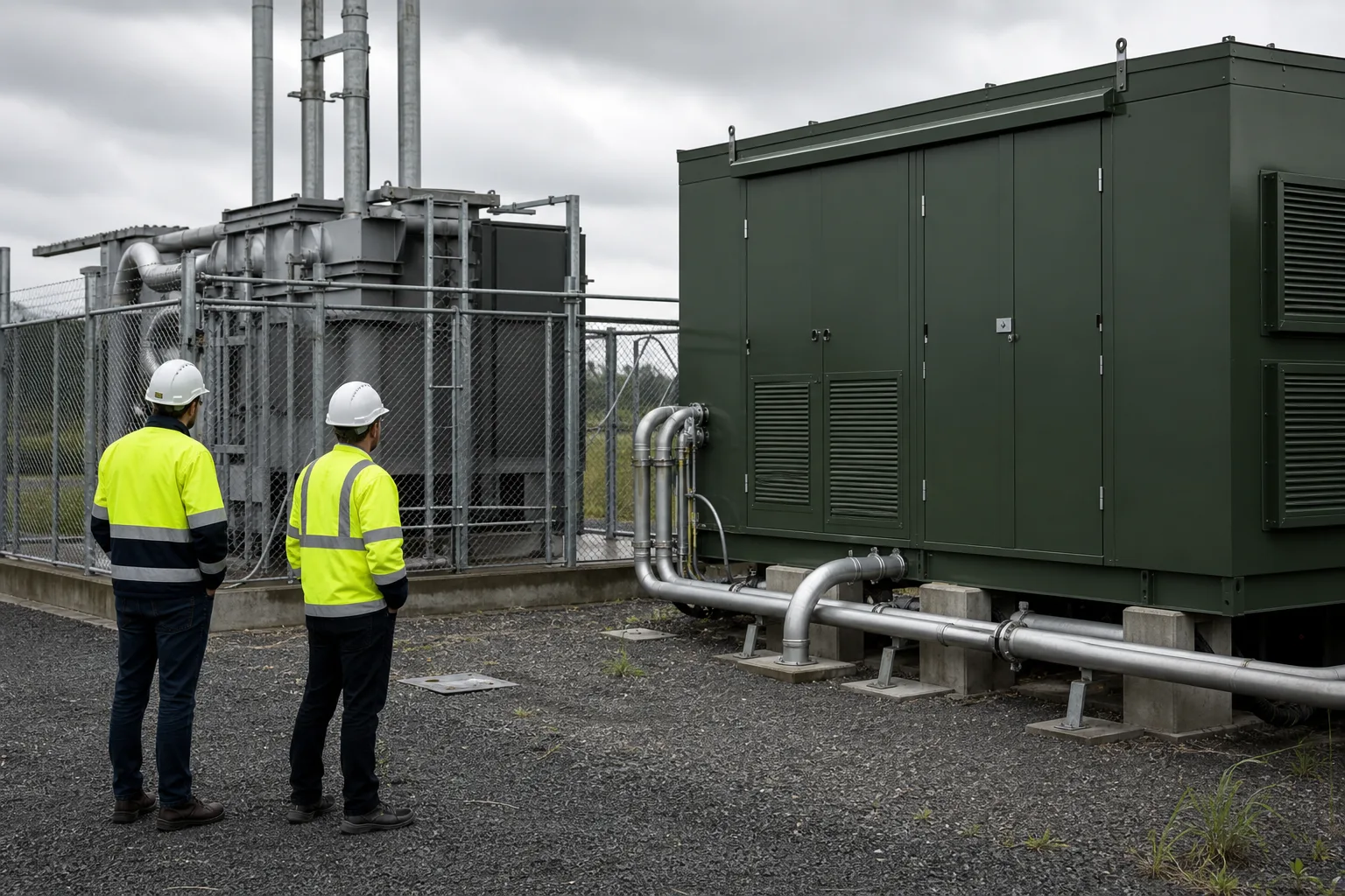 Ungebrandete technische Infrastruktur mit Transformator und Kühlrohren an einem Rechenzentrumsgebäude