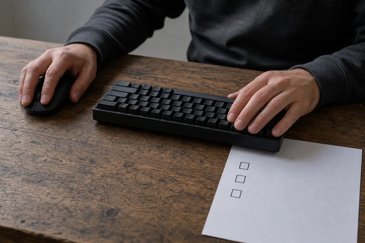 Hände an Tastatur und Maus neben einer leeren Checkliste für eine geordnete Softwareprüfung.