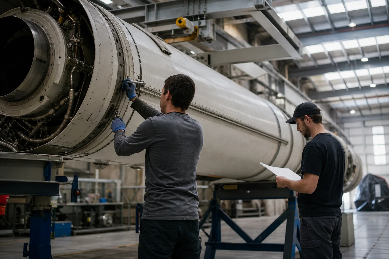 Zwei Fachkräfte prüfen in einer neutralen Montagehalle eine zylindrische Raketenstufe an einer Haltevorrichtung.