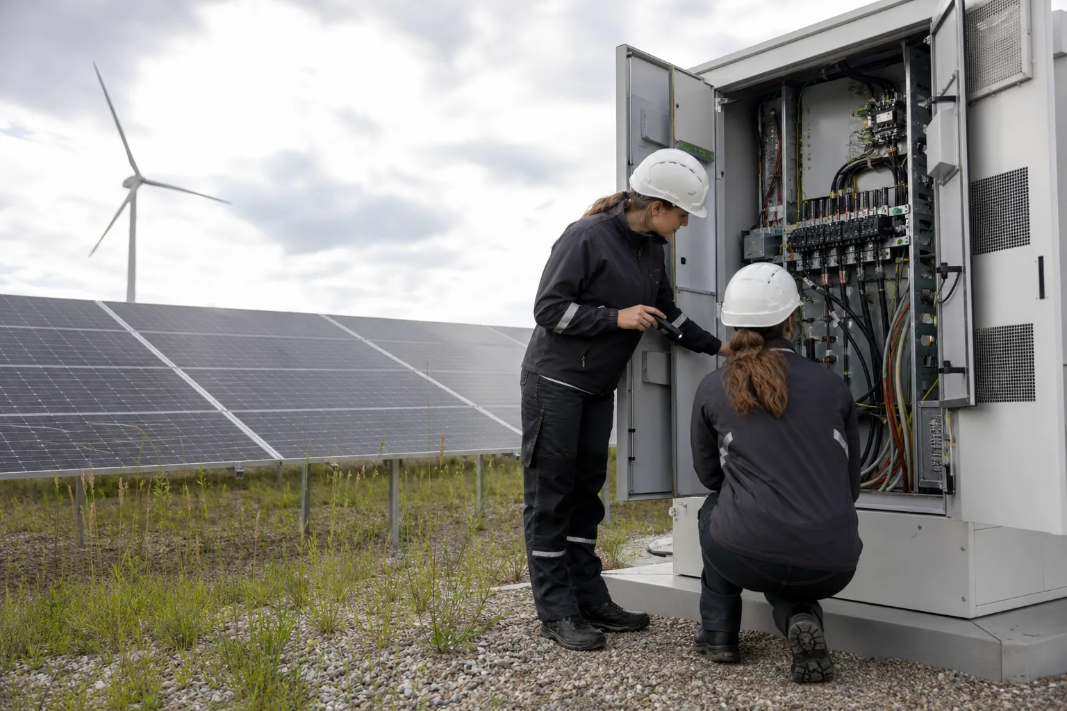 Zwei Technikerinnen prüfen einen Wechselrichterschrank neben Solarmodulen; im Hintergrund steht eine Windenergieanlage.