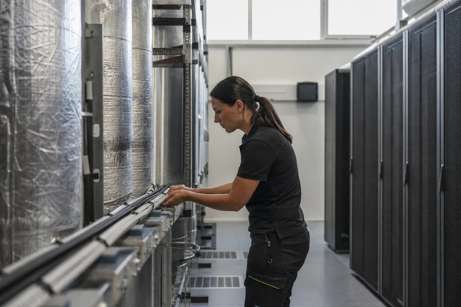 Eine Technikerin prüft Kabeltrassen und Lüftungsleitungen neben neutralen Serverracks in einem technischen Betriebsraum.