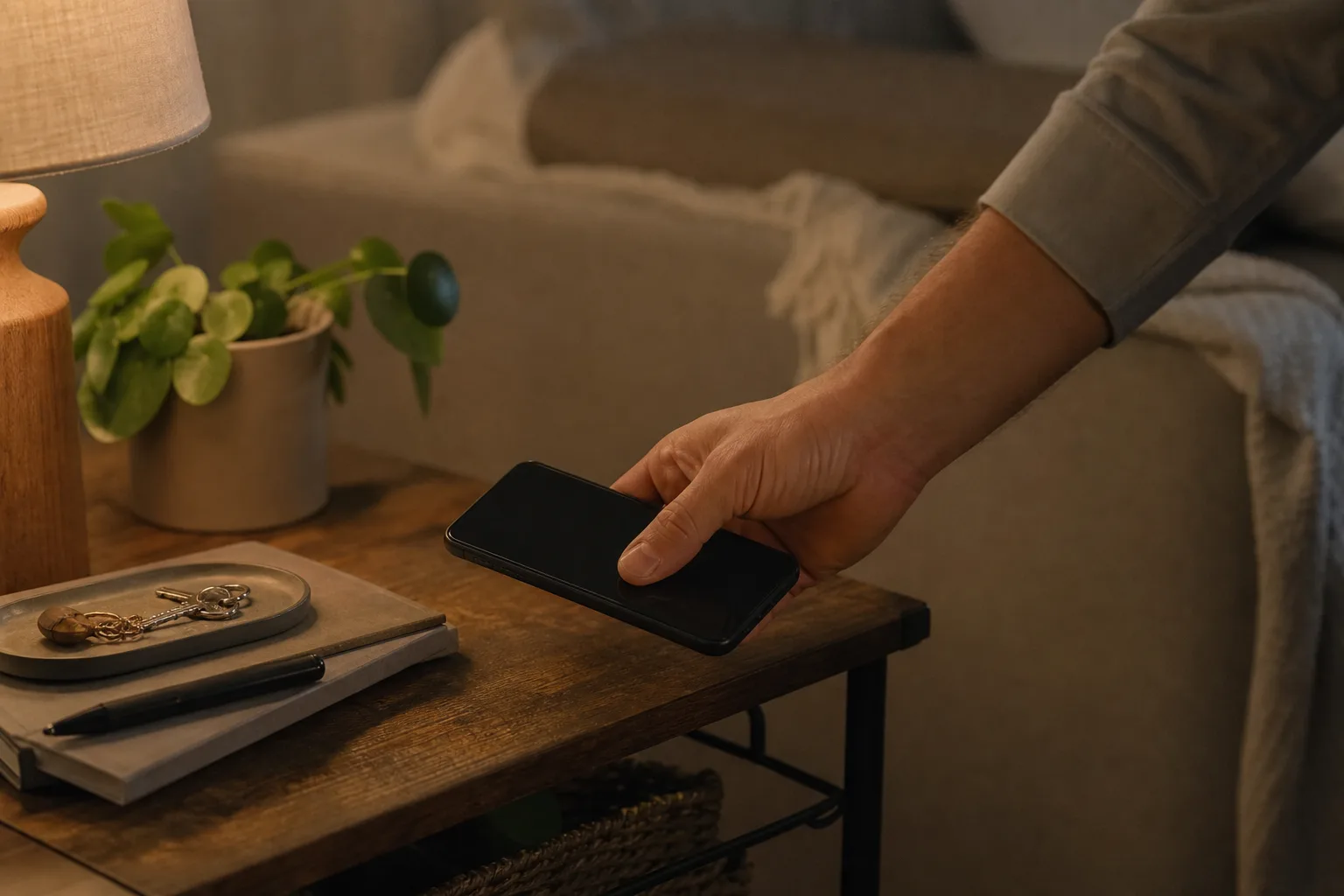 Eine Hand nimmt abends in einem ruhig beleuchteten Wohnzimmer ein neutrales Smartphone vom Beistelltisch.
