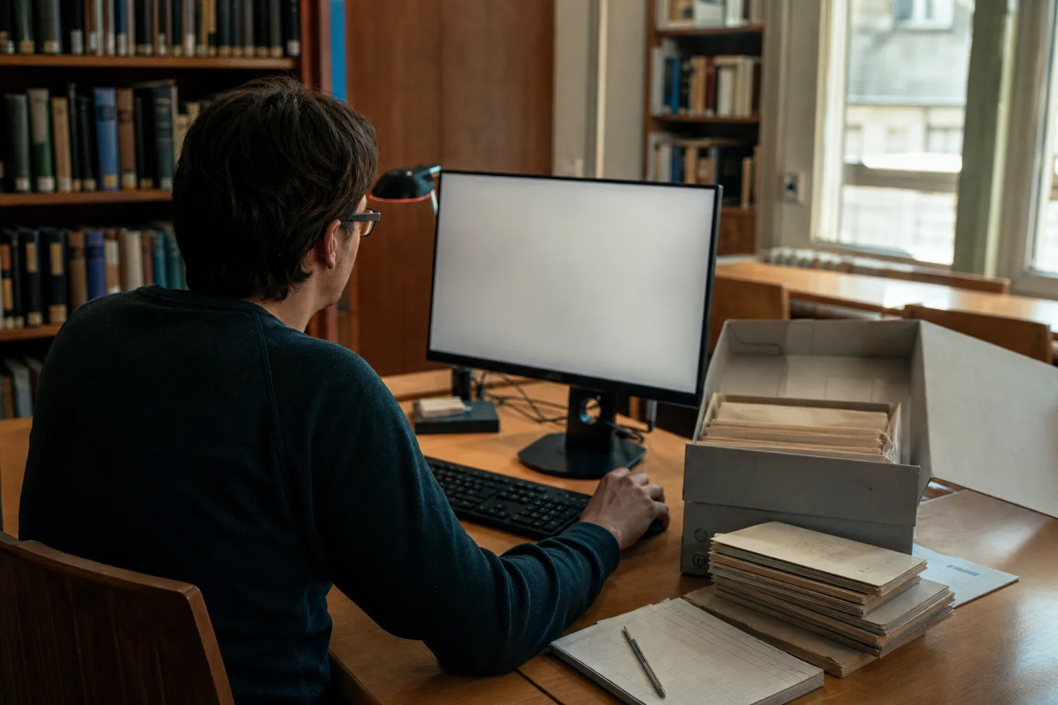 Eine Person arbeitet in einem ruhigen Forschungsraum an einem Computer neben geordneten Archivunterlagen.
