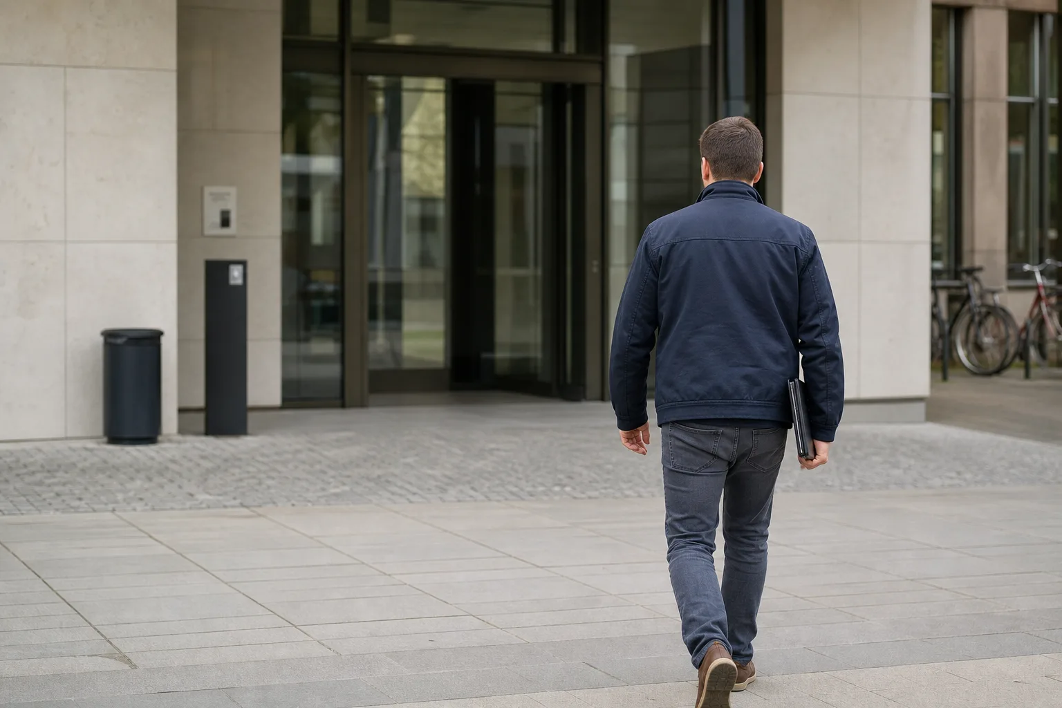 Eine Person geht mit einer neutralen Dokumentenmappe zu einem kommunalen Verwaltungsgebäude