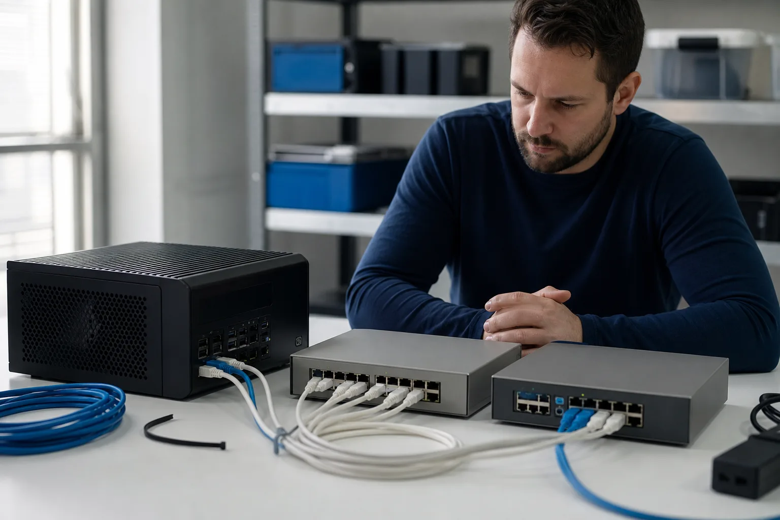 Kleines unmarkiertes Testnetzwerk mit neutralen Netzwerkgeräten in einem technischen Labor.
