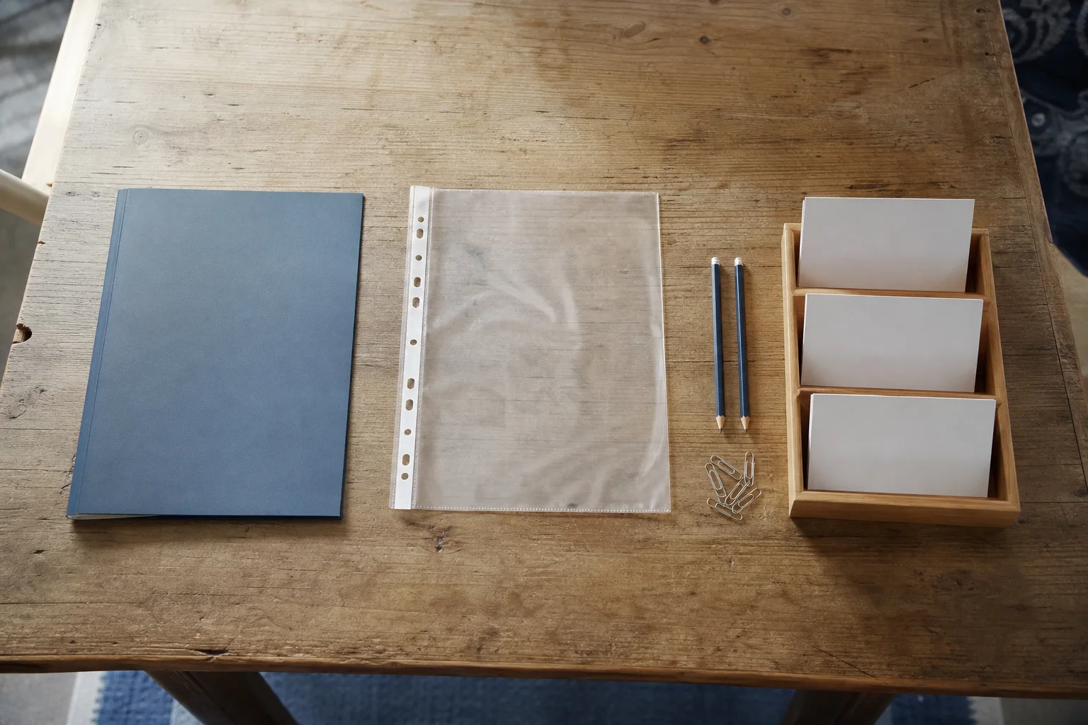 Eine geschlossene Mappe, eine leere Hülle und blanke Karteikarten liegen getrennt auf einem Küchentisch.