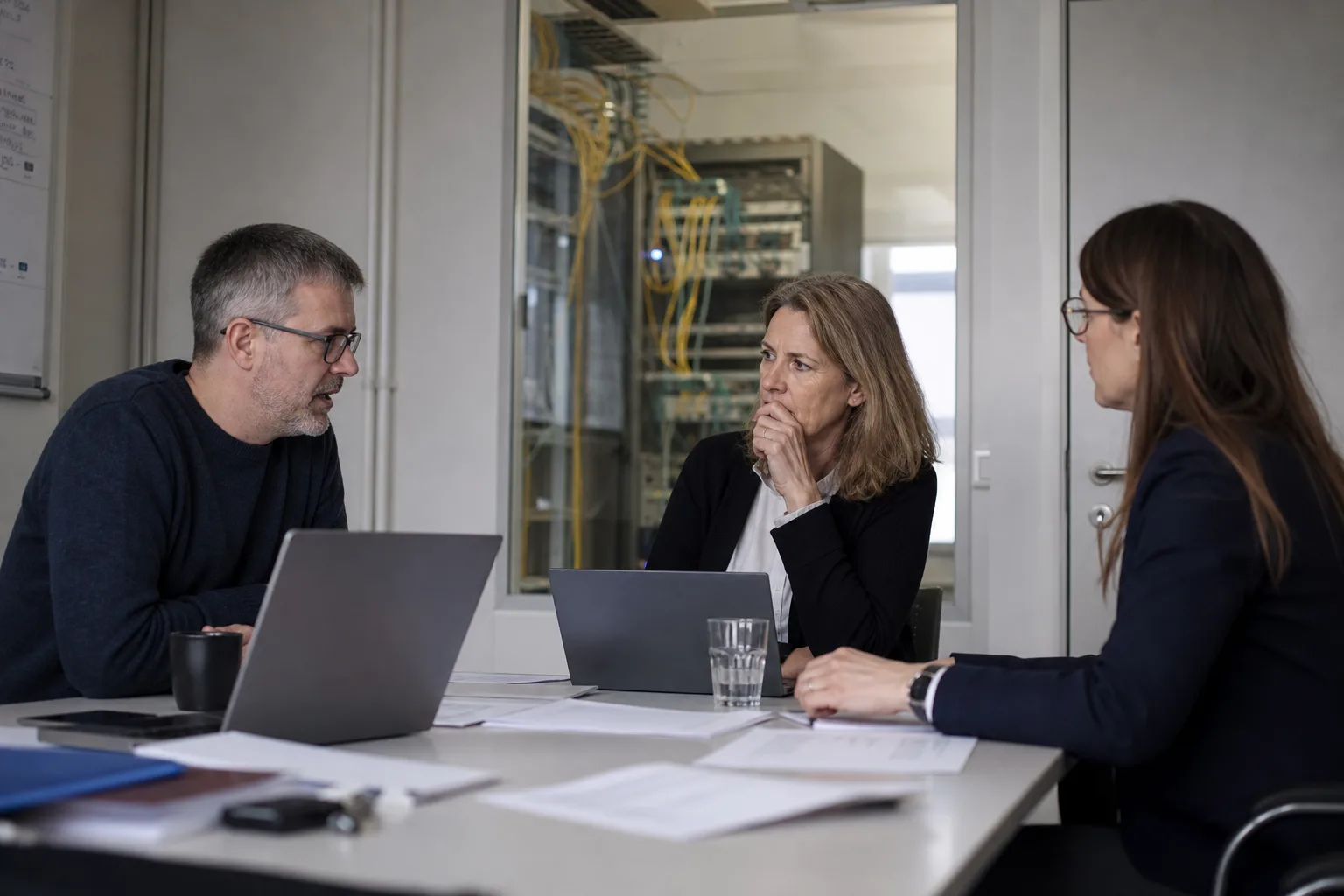 Ein europäisches Unternehmens-Team bespricht in einem Konferenzraum den Zugang zu Cloud-Compute und KI-Modellen.