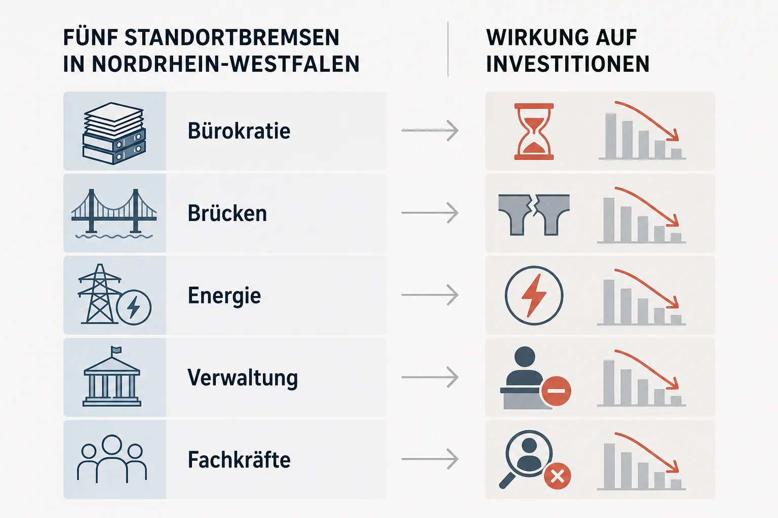 Matrix zu Standortbremsen in Nordrhein-Westfalen und ihrer Wirkung auf Investitionen