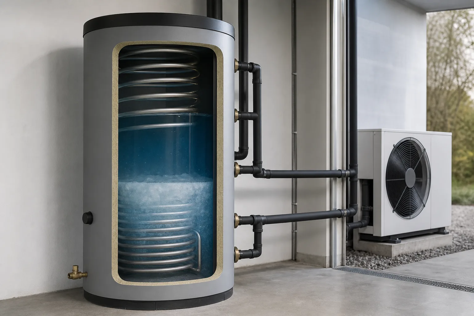 Neutraler thermischer Speicher im Schnitt mit Wasser, einer Eiszone und angeschlossenen Rohren zu einer Wärmepumpe.