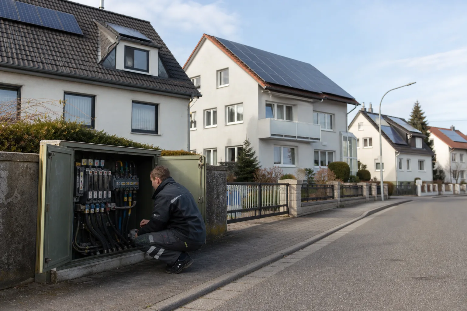 Fachkraft prüft einen Stromverteilerschrank in einer Wohnstraße mit Solaranlagen auf mehreren Gebäuden.