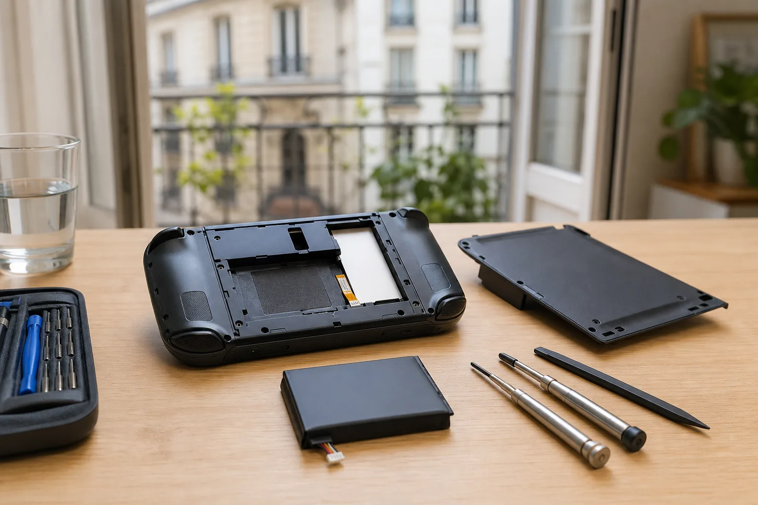 Geöffnete Handheld-Konsole mit zugänglichem Akkumodul als Erklärung für nutzerwechselbare Batterien