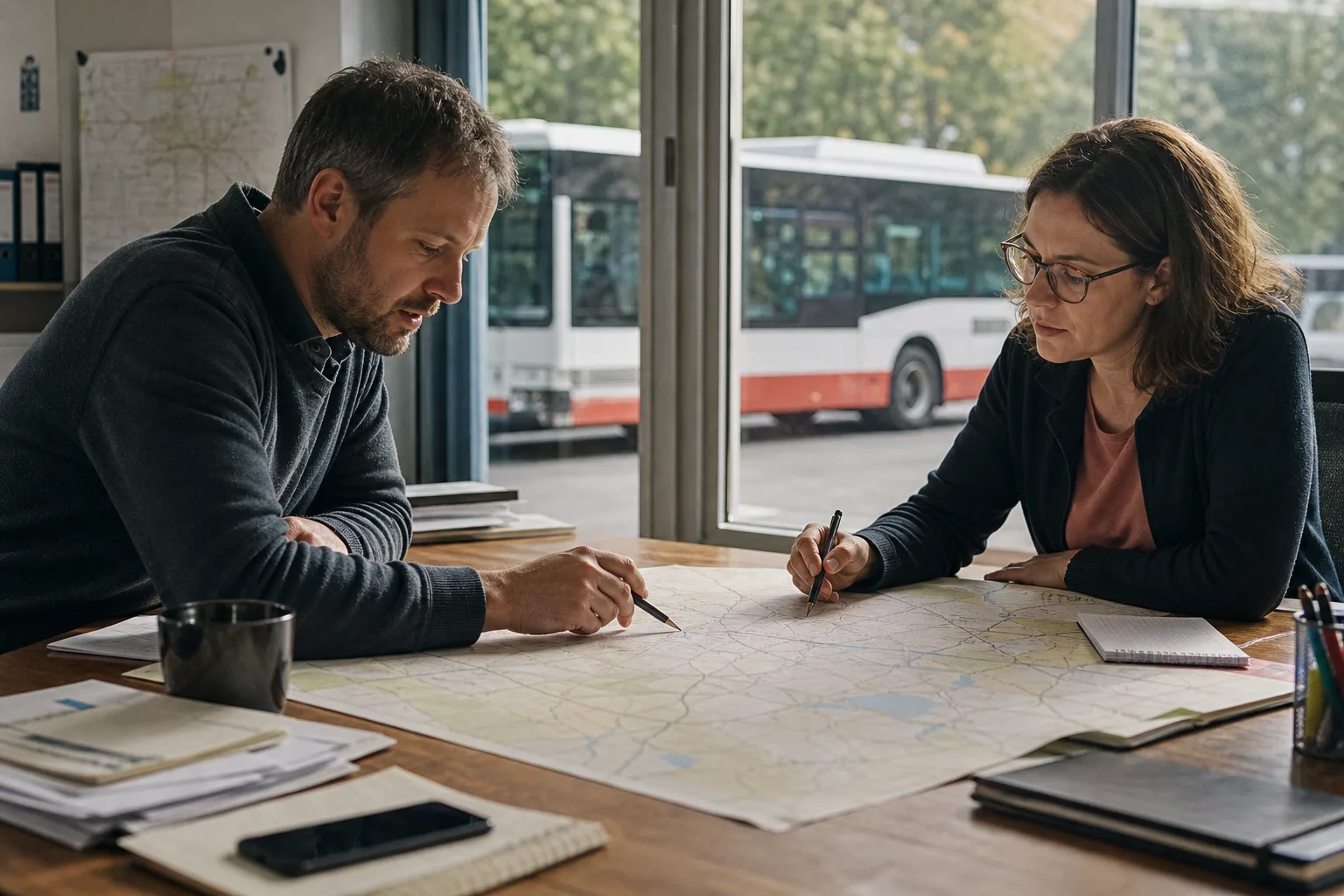Zwei Fachleute prüfen in einem Verkehrsplanungsbüro eine unbeschriftete Linienübersicht.