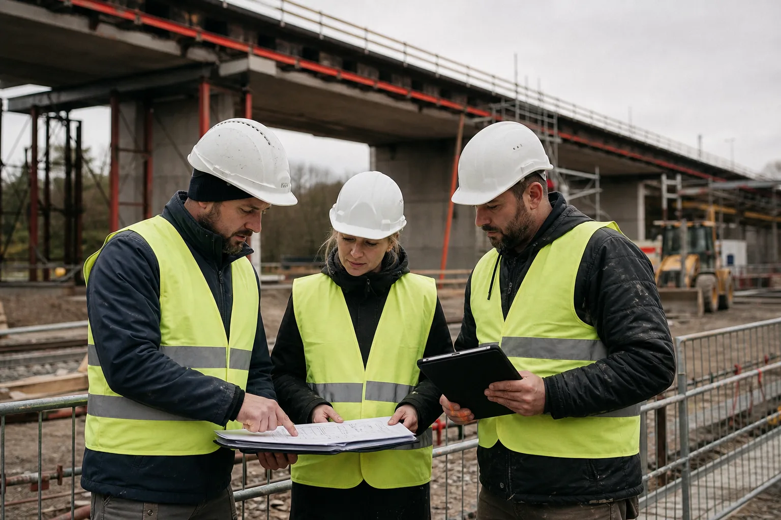Fachleute besprechen auf einer Brücken- oder Bahn-Baustelle technische Unterlagen und ein Tablet ohne lesbaren Bildschirm.