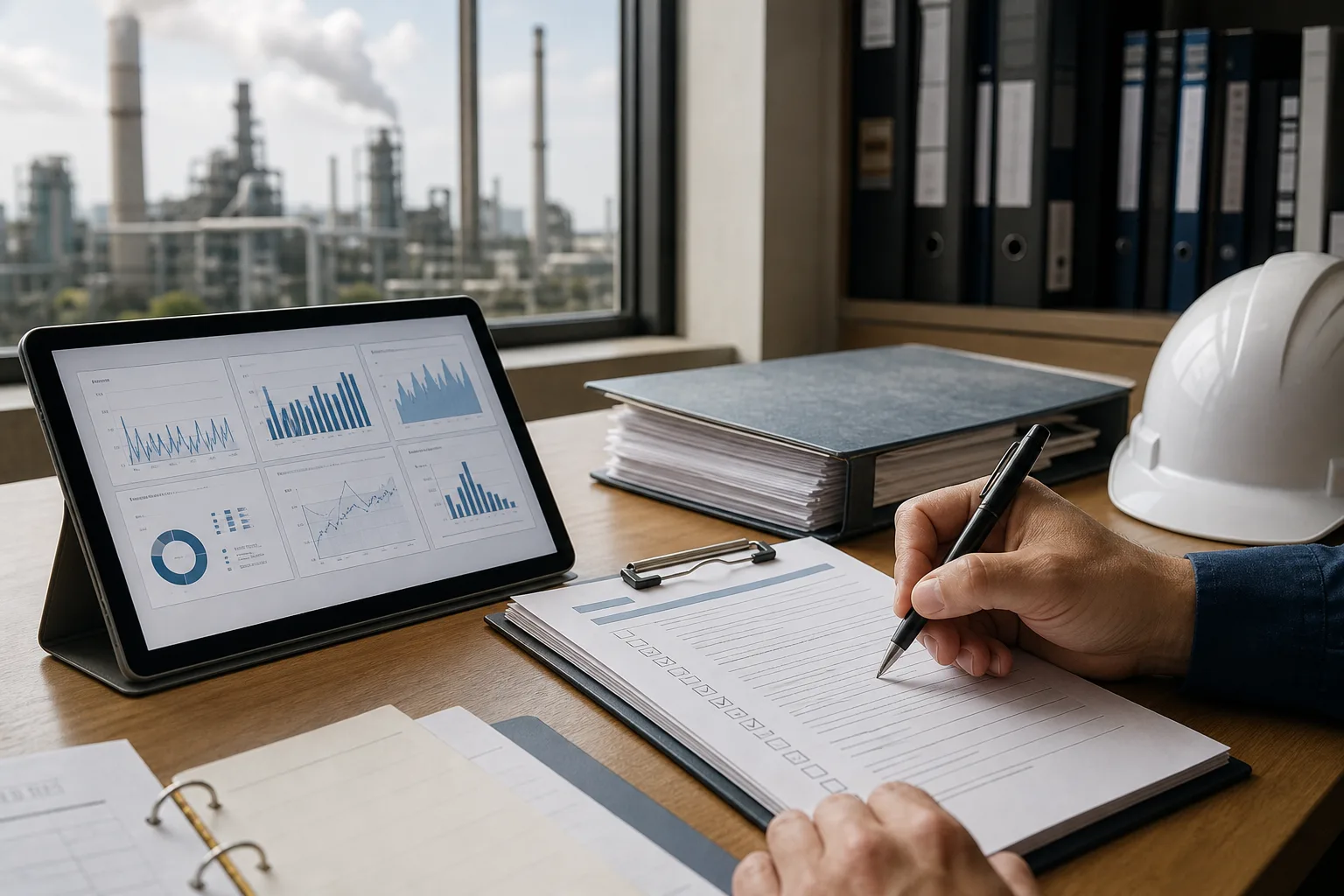 Arbeitsplatz mit Tablet, Messdaten und Genehmigungsunterlagen für einen IED-Check