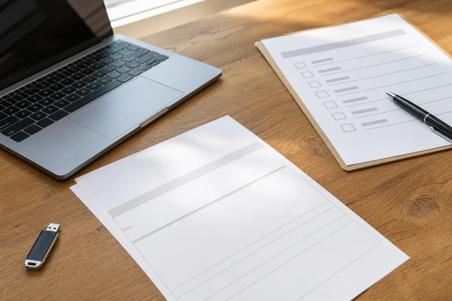 Checkliste, Kostenvoranschlag und Backup-Stick vor einer Gerätereparatur