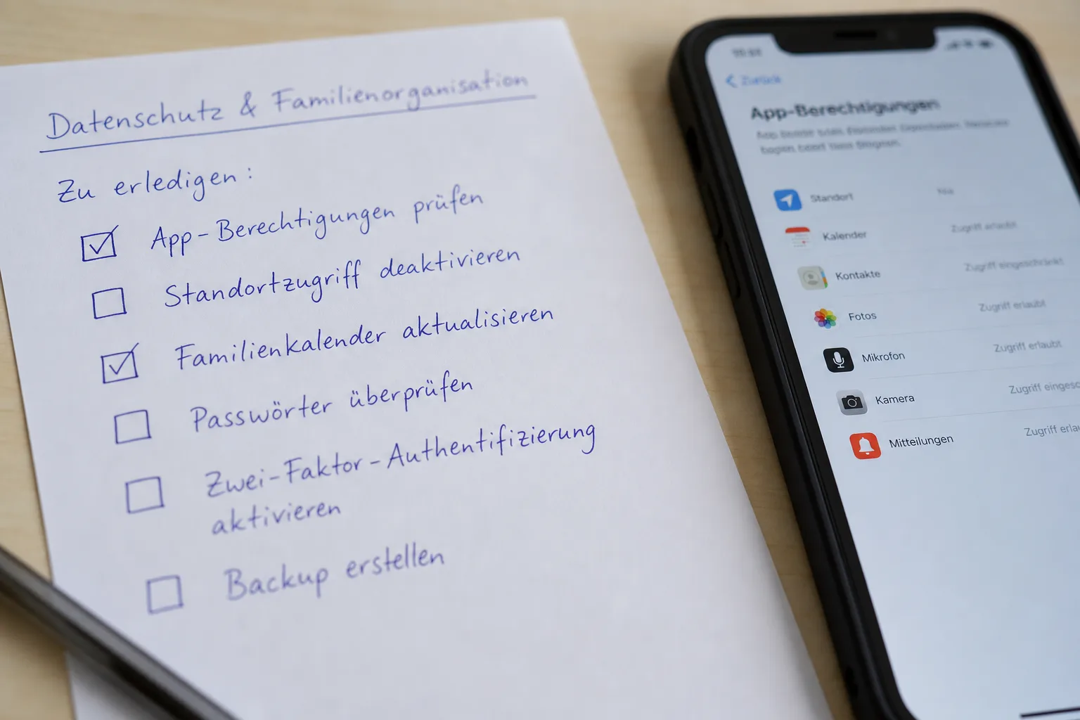Checkliste und Smartphone als Hinweis auf Datenschutz bei Familien-Apps