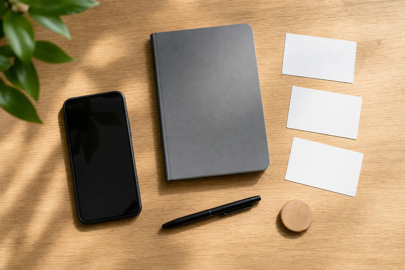 Smartphone mit dunklem Display, geschlossener Notizblock, leere Karten und ein unbeschrifteter Holzgegenstand als Symbole für eine Datenschutzroutine
