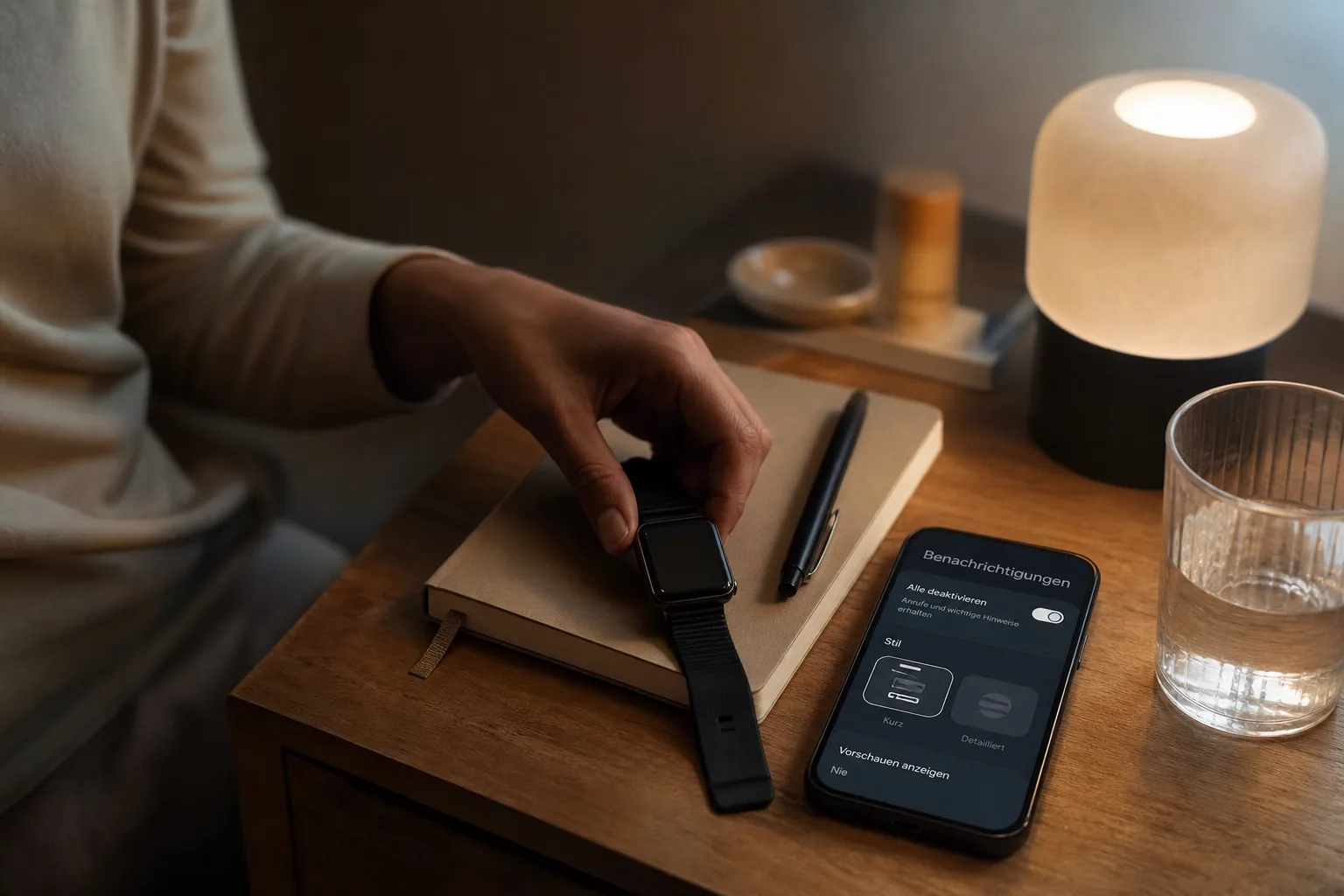 Smartwatch liegt abends neben einem Notizbuch und einem Smartphone