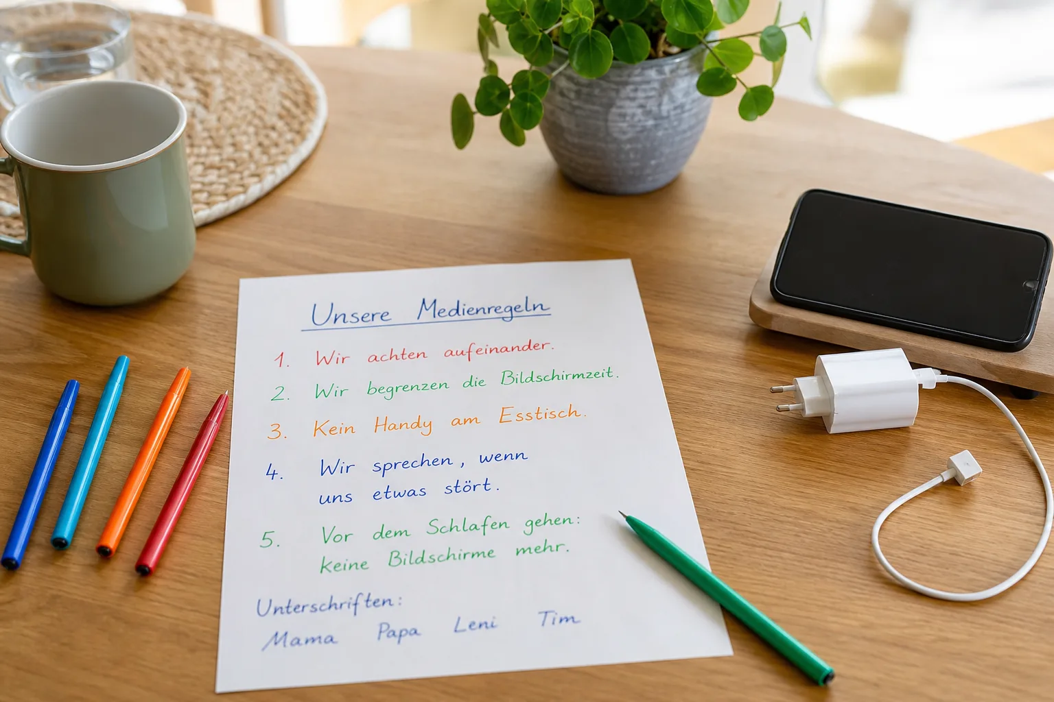 Eine handgeschriebene Checkliste mit Medienregeln liegt neben einem Smartphone.