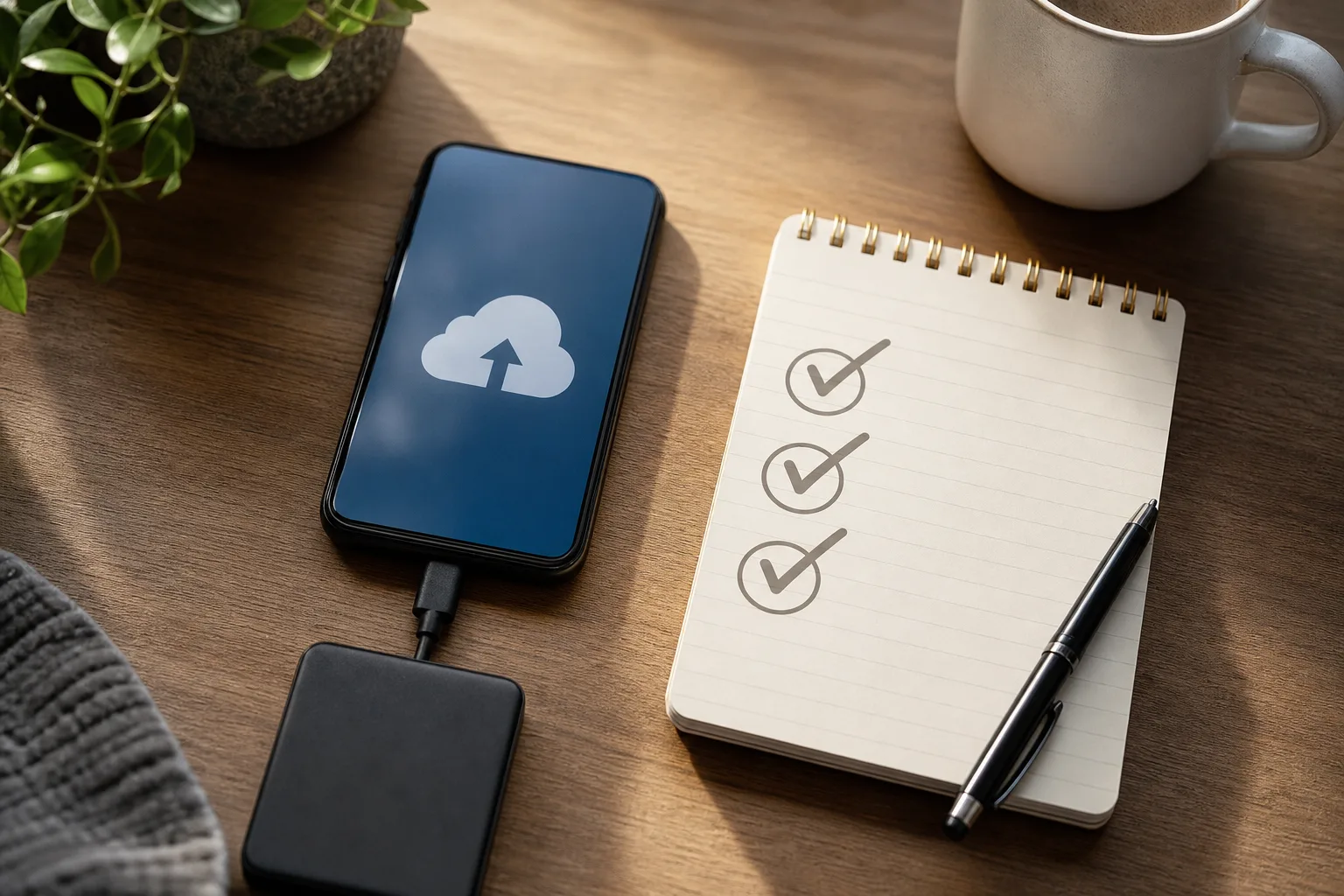 Smartphone und Checkliste zur Prüfung von Android-Backup und Kontospeicher